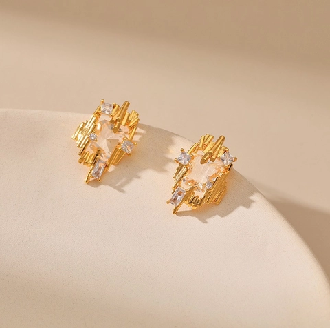 Orecchini A Lobo In Rame Geometrici Irregolari Con Zirconia Cubica A Forma Di Cuore Placcati Oro Per Donna