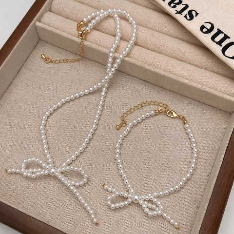 Elegante Collana E Bracciale Di Künstliche Perle Con Fiocco Gioielli Vintage Francesi Placcati In Oro Per Donna Accessorio Chic Minimalista