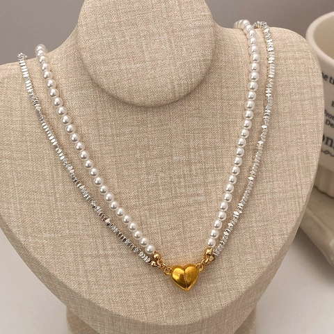 Double Layer Artificial Pearl Necklace With Gold Heart Magnetic Pendant Vintage French Style Silver Bead Clavicle Chain For Women