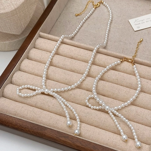 Elegant 14k Gold Plated Artificial Pearl Bow Necklace And Bracelet Sweet Tassel Clavicle Chain Jewelry For Women