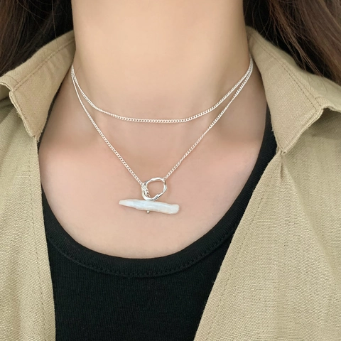 Barok Zoetwaterparel Hanger Ketting Onregelmatige Metalen Ring Dubbellaags Elegant Retro Stijl Sleutelbeen Ketting Voor Dames