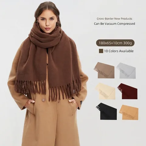 Winter Scarf Solid Color Polyester Thick Warm Soft Long Shawl With Fringe Tassels Elegant Casual Outdoor Wraps