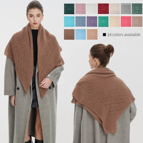Knitted Square Scarf Hollow Out Geometric Diamond Pattern Acrylic Shawl Wrap Autumn Winter Casual Solid Color For Women