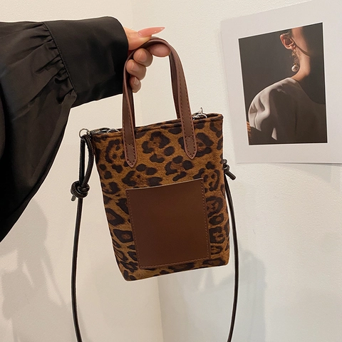 Borsa a Secchiello Leopardata da Donna Mini Borsa a Tracolla in Finta Pelle Scamosciata PU Borsa Porta Cellulare Piccola