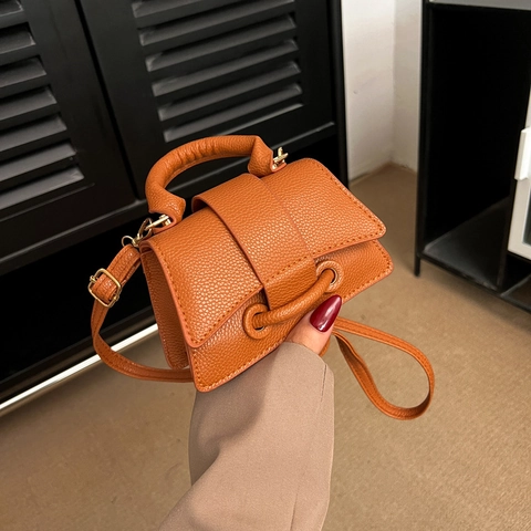 Minimalist PU Leather Mini Handbag With Belt Decoration Lychee Pattern Women Crossbody Shoulder Square Bag For Daily Dating