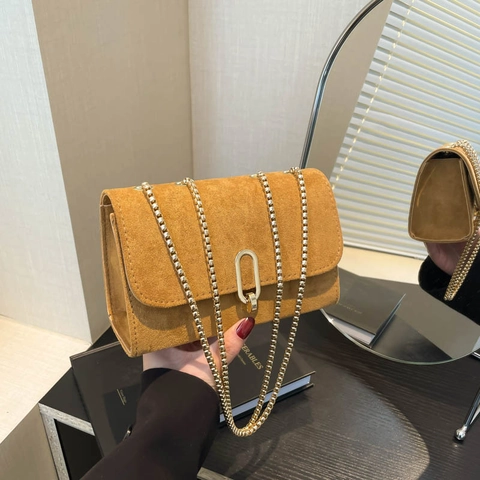 Women Suede Chain Crossbody Bag Vintage Small Square Shoulder Bag With Metal Lock Solid Color Frosted Fashion Handbag Gift