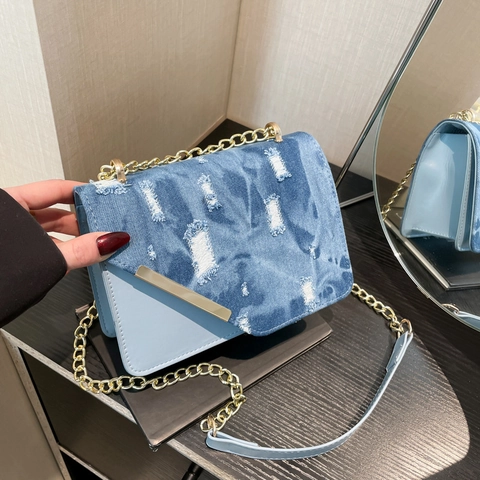 Borsa a Spalla da Donna in Denim Patchwork con Catena Moda Effetto Usurato Piccola Borsa Quadrata Lusso Crossbody Bag