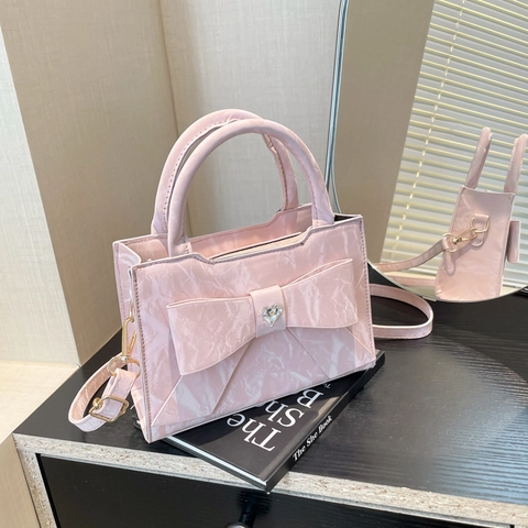 Women Handbag PU Leather Bowknot Heart Rhinestone Top Handle Shoulder Crossbody Square Bag Marble Texture Elegant