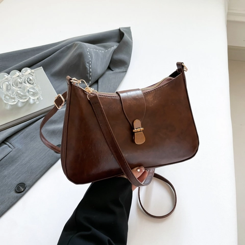 Bolso De Hombro Retro De Cuero PU Bajo La Axila Bolso Cruzado Cuadrado De Color Sólido Con Cierre De Metal Para Mujer Estilo Minimalista Urbano