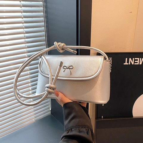 Women PU Leather Crossbody Shoulder Bag Metal Bow Decor Knotted Strap Flap Small Square Bag Trendy Elegant Chic
