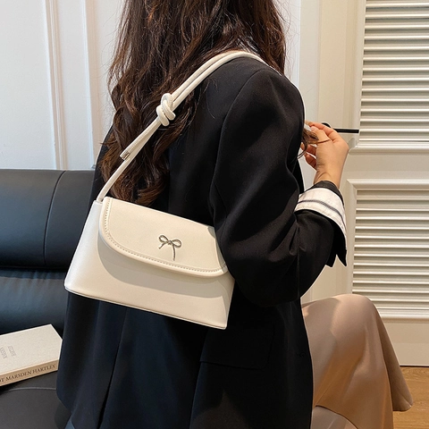 Women PU Leather Crossbody Shoulder Bag Metal Bow Decor Knotted Strap Flap Small Square Bag Trendy Elegant Chic