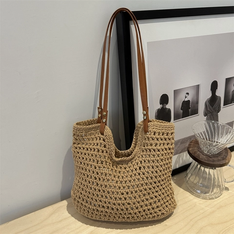 Damen Vintage Geflochtene Beuteltasche Handgehäkelt Hohl Netz Schultertasche Mit Lederriemen Nieten Dekor Lässige Handtasche