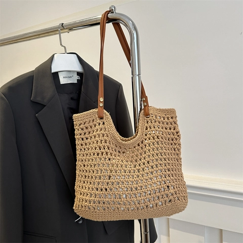Dames Handgeweven Katoenen Gehaakte Tote Bag Grote Capaciteit Ajour Boheemse Schoudertas Met Leren Riem Strand Vakantie