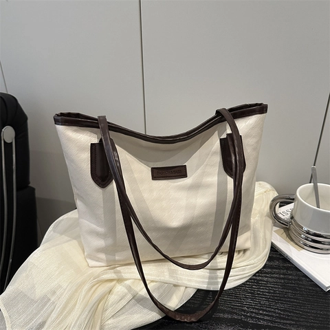 Borsa Tote Grande Capacità Pelle PU Goffrata Motivo Pied De Poule Colore A Contrasto Borsa A Tracolla Donna