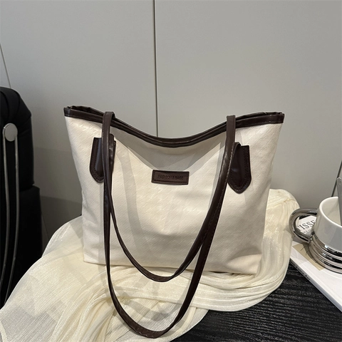 Borsa Tote Grande Capacità Pelle PU Goffrata Motivo Pied De Poule Colore A Contrasto Borsa A Tracolla Donna