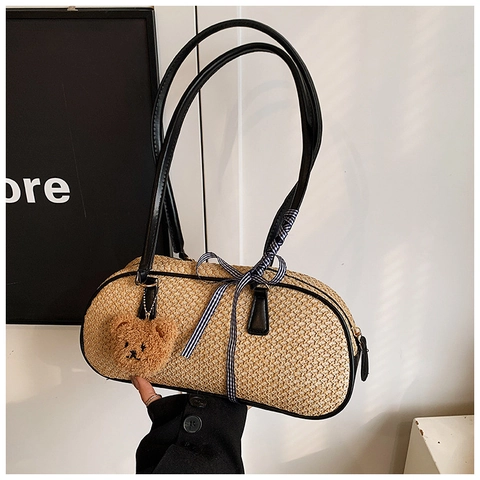 Vintage Strohgewebte Unterarmtasche Für Damen Mit PU Lederriemen Bandschleife Und Plüschbäranhänger Mode Lässige Schultertasche