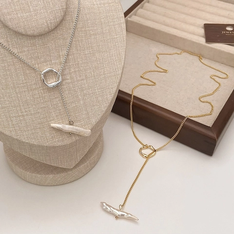 Barok Zoetwaterparel Hanger Ketting Onregelmatige Metalen Ring Dubbellaags Elegant Retro Stijl Sleutelbeen Ketting Voor Dames