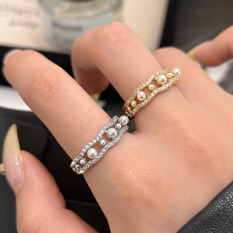 Wave Artificial Pearl Zircon Open Ring Adjustable Copper Metal Irregular Delicate Light Luxury Aesthetic Jewelry For Women Girls
