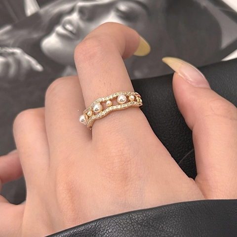 Wave Artificial Pearl Zircon Open Ring Adjustable Copper Metal Irregular Delicate Light Luxury Aesthetic Jewelry For Women Girls