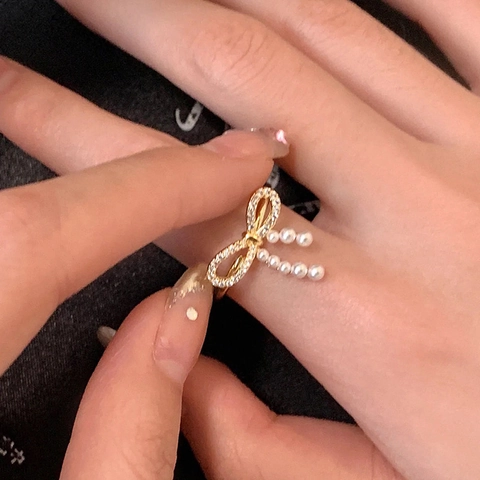 Schleife Künstliche Perlenring Zirkonia Verstellbar Offener Fingerschmuck Elegant Mode Gold Silber Plattiert
