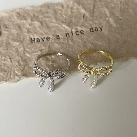 Schleife Künstliche Perlenring Zirkonia Verstellbar Offener Fingerschmuck Elegant Mode Gold Silber Plattiert