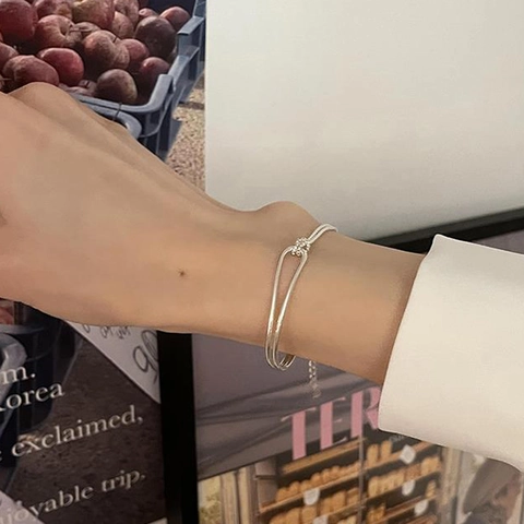Minimalist Knot Copper Bangle Bracelet For Women Geometric Double Layer Interlocking Adjustable Metal Jewelry
