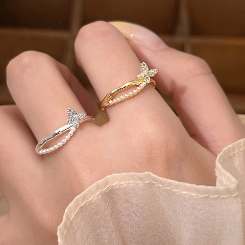 Anillo Abierto De Perlas Artificiales Y Circonitas Con Mariposa Para Mujer Ajustable Elegante Joyería De Lujo