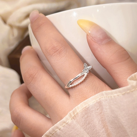 Anillo Abierto De Perlas Artificiales Y Circonitas Con Mariposa Para Mujer Ajustable Elegante Joyería De Lujo
