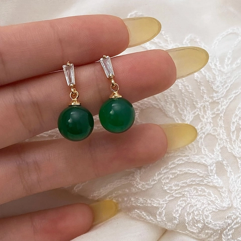Franse Retro Groene Chalcedoon Hanger Oorbellen Zirkoon Elegante Dames Sieraden Met 925 Sterling Zilveren Oorsteker