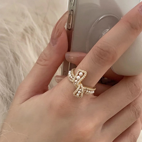 Anello Aperto Fiocco Rame Zircone Perla Artificial Regolabile Nodo Incrociato Gioielli Donna Elegante Design Di Nicchia