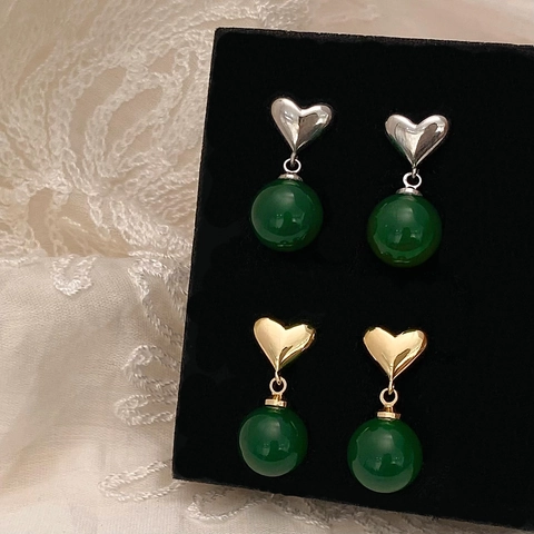 Orecchini Pendenti In Rame A Cuore Con Perla Di Calcedonio Verde Gioielli Vintage Eleganti