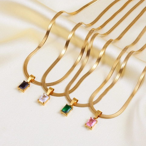 Collar Colgante Circón Rectángulo Acero Inoxidable Chapado Oro Cadena Serpiente Elegante Cristal Joyas Mujer Moda