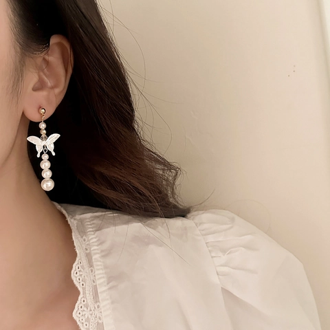 Pendientes Colgantes De Mariposa Concha Perla Artificial Con Poste De Plata Esterlina 925 Gota Larga Vintage Para Mujer