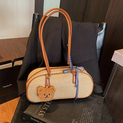 Vintage Webstroh Unterarmtasche Damen Retro Textur Schultertasche Mit Bärenanhänger Schleifendekor Lässige Sommer Urlaub Handtasche