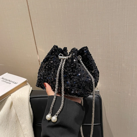 Borsa A Secchiello Con Paillettes Donna Lucida Coulisse Borsa Da Sera Con Catena Argentata Decorazione Perla Artificial Moda