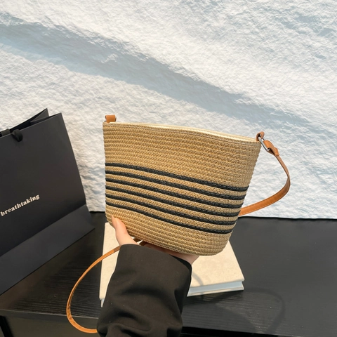 Bolso de Paja Tejida de Verano para Mujer Bolso de Cubo a Rayas de Vacaciones Bolso de Playa Correa de Cuero PU Moda Casual