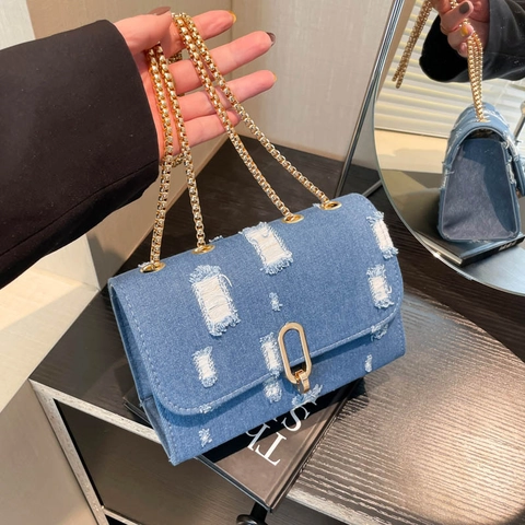 Borsa A Tracolla In Denim Vintage Da Donna Piccola Borsa Quadrata In Tela Sfilacciata Con Catena In Metallo Dorato