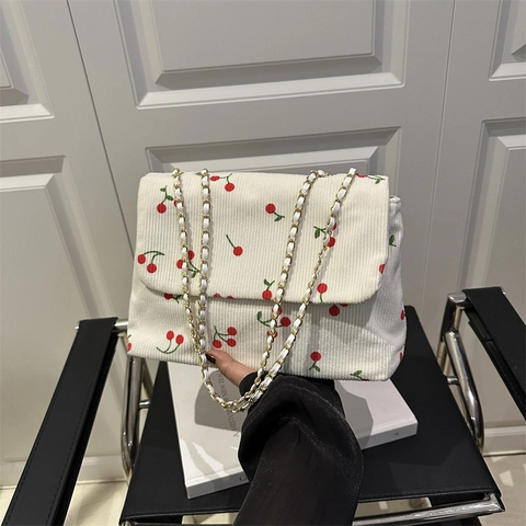 Cherry Print Corduroy Shoulder Bag With Metal Chain Strap Vintage Sweet Flap Crossbody Bag For Women