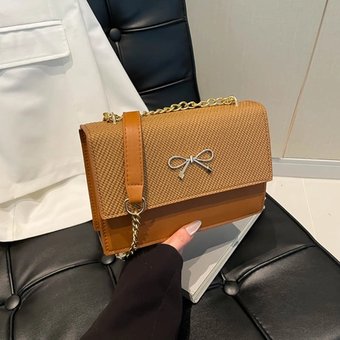 Bolso Bandolera de Cuero PU Retro Dulce para Mujer Bolso Cuadrado con Lazo y Costuras Color Sólido Uso Diario Casual