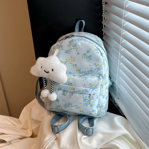 Cute Floral Mini Backpack For Women Students Fresh Sweet Nylon Small School Bag With Cloud Pendant Floral Printing Daypack