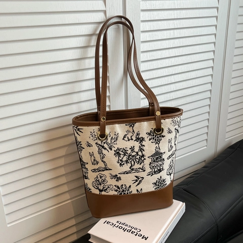 Borsa Tote in Pelle PU con Stampa Paesaggio Stile Cinese Retrò Borsa a Secchiello Grande Capacità Borsa a Spalla Donna Moda Pendolare