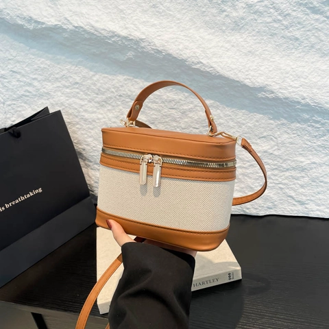 Bolso Cubo Retro Mujer Color Block Lona Cuero PU Mano Hombro Bandolera Neceser De Viaje Con Doble Cremallera