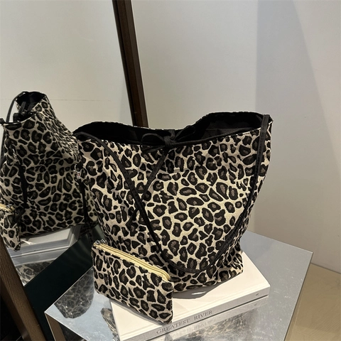 Korean Style Leopard Print Canvas Tote Bag For Women With Matching Pouch Fashion Drawstring Large Capacity Shoulder Bag