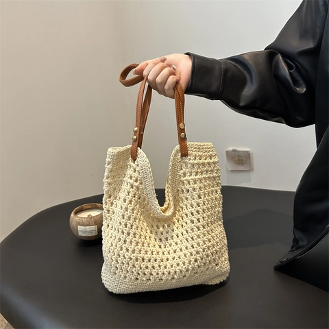 Borsa a Secchiello da Donna Intrecciata all'Uncinetto Borsa a Tracolla da Spiaggia Bohemian Tote in Paglia Con Manico