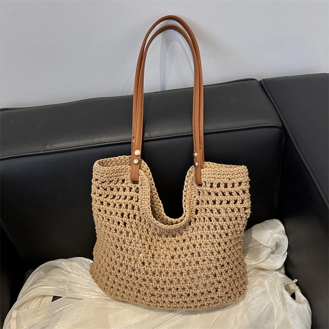 Borsa Tote Tessuta A Mano Uncinetto Svuotato Spalla Borsa Con Spallacci In Pelle PU Retrò Bohémien Casual Per Donna