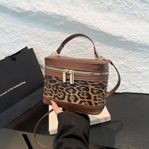 Fashion Women Box Crossbody Bag Vintage PU Leather Canvas Contrast Color Leopard Print Handbag With Handle Detachable Strap