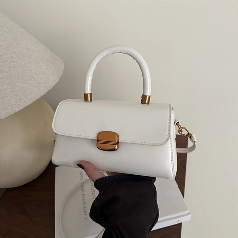 Women PU Leather Crossbody Bag Retro Small Square Handbag With Top Handle Golden Metal Buckle Simple Casual Office Daily