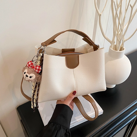 Borsa A Spalla Da Donna In Pelle PU Grana Litchi Colore A Contrasto Borsa Tote Con Manico E Tracolla Regolabile