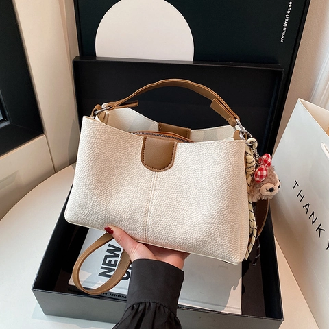 Borsa A Spalla Da Donna In Pelle PU Grana Litchi Colore A Contrasto Borsa Tote Con Manico E Tracolla Regolabile