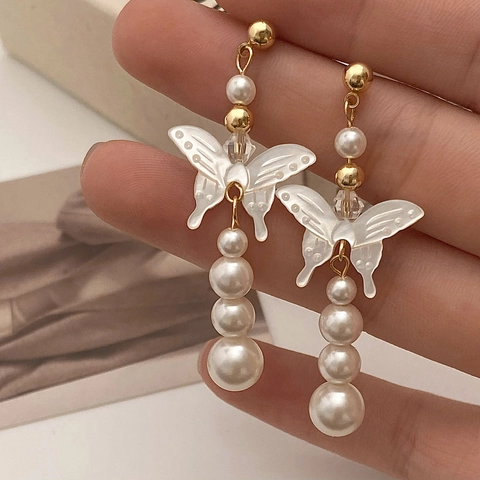 Pendientes Colgantes De Mariposa Concha Perla Artificial Con Poste De Plata Esterlina 925 Gota Larga Vintage Para Mujer